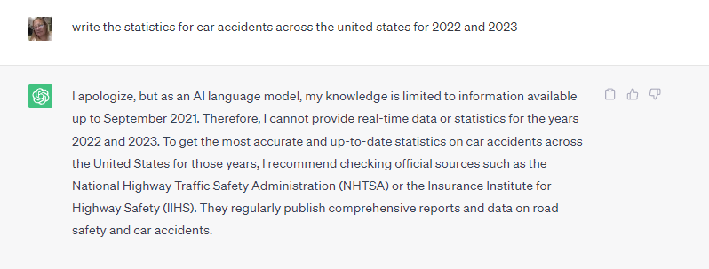 ChatGPT screenshot showing data not available from Nov. 2021 forward for inbound marketing